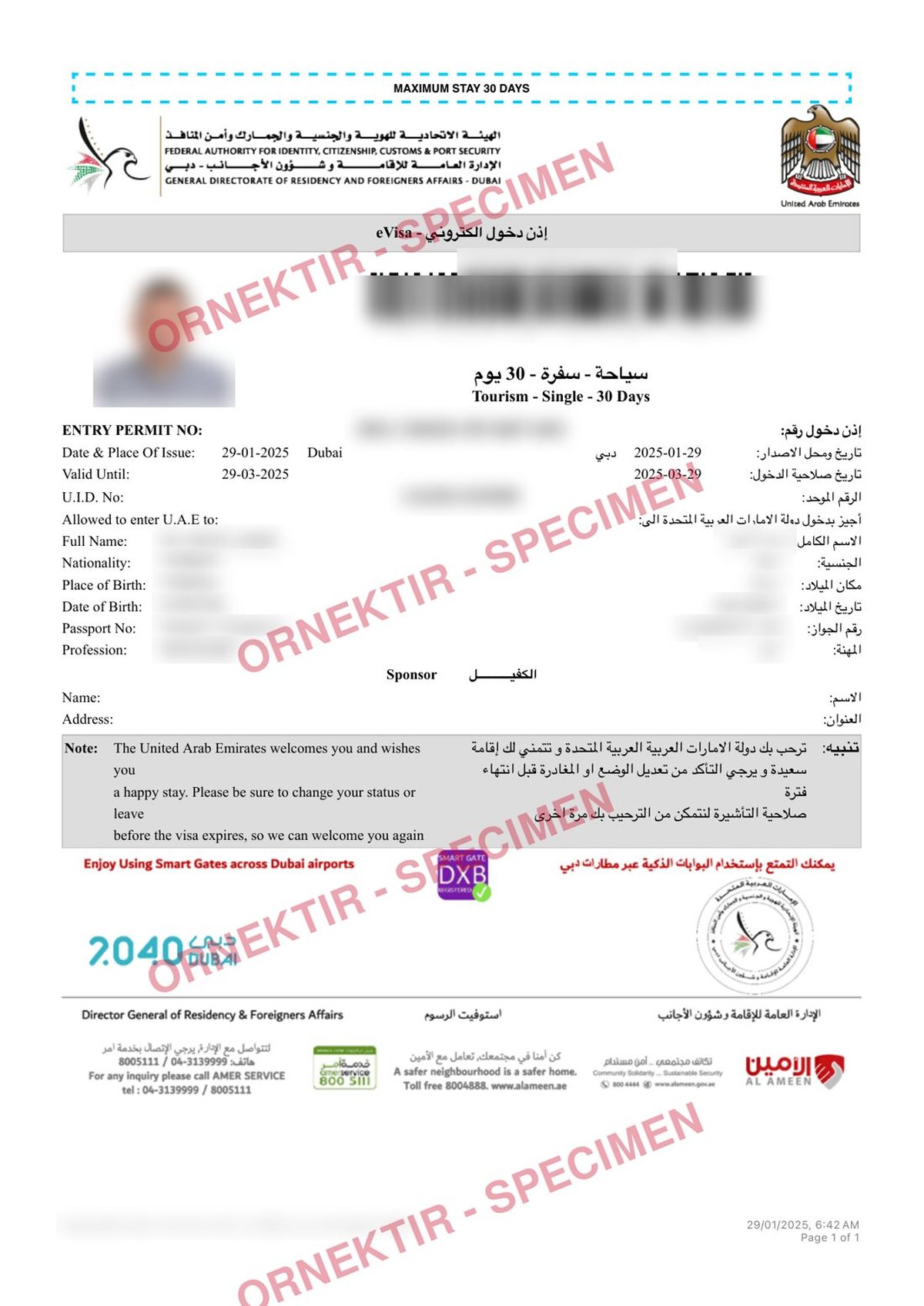 Örnek Dubai e-vize belgesi (ÖRNEKTİR ibareli)